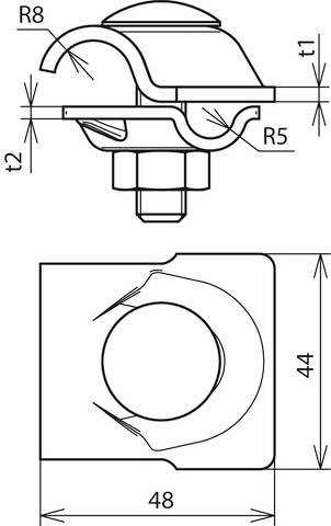 Rysunek techniczny elementu z wymiarami: 48x44 mm. Szczegóły obejmują zaokrąglenia (R8, R5) oraz grubości materiału (t1, t2).