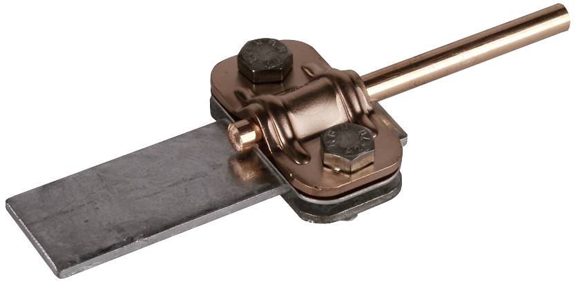 Uchwyt metalowy z płaską metalową listwą i cylindryczną rurką miedzianą, połączone za pomocą śrub; prawdopodobnie element systemu montażowego lub mocującego.