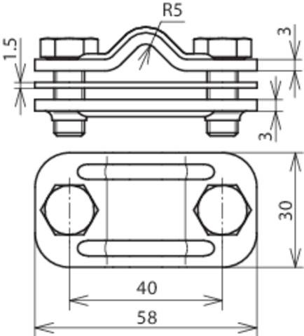 Rysunek techniczny elementu obejmy rurowej z wymiarami: wysokość 3 mm, szerokość 40 mm, długość 58 mm, promienie R5.