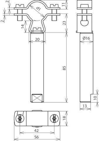 Rysunek techniczny profilu metalowego z określonymi wymiarami: Ø16, 85, 56, 23, 10. Przedstawia widok z przodu, z boku oraz widok z góry profilu.