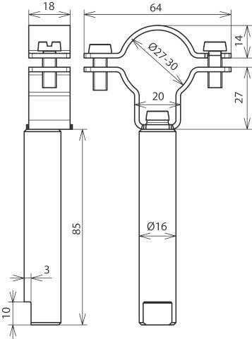 Rysunek techniczny elementu rurowego z wymiarami: średnica 27,3, długość 85, szerokość 64, wysokość 10. Przedstawia szczegóły produktu.