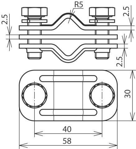 Rysunek techniczny elementu metalowego z zaciskami o wymiarach: 58 mm długości, 30 mm szerokości, 2,5 mm grubości.
