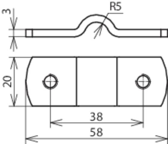 Rysunek techniczny elementu metalowego z dwoma otworami, o szerokości 58 mm, wysokości 20 mm; górna krawędź jest wyokrąglona promieniem 5 mm.