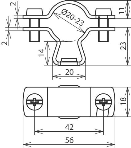 Rysunek techniczny uchwytu obejmy rurowej z wymiarami: Ø20-23 mm, 56 mm szerokości całkowitej oraz 23 mm wysokości.