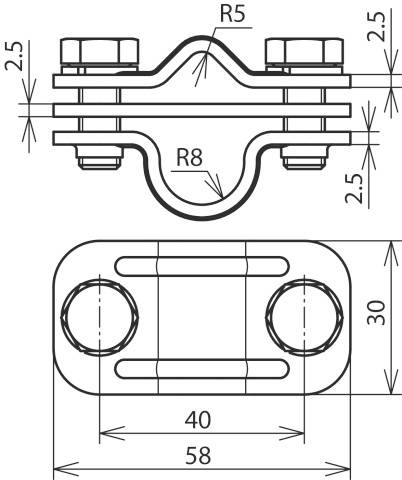 Rysunek techniczny uchwytu obejmy rurowej z wymiarami: długość całkowita 58 mm, szerokość 30 mm, odległość między otworami 40 mm.