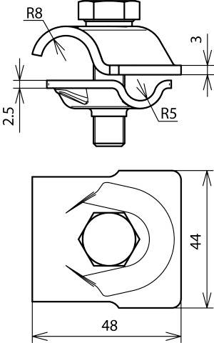 Rysunek techniczny zacisku metalowego o wymiarach: długość 48 mm, szerokość 44 mm, z różnymi promieniami gięcia R8 i R5.