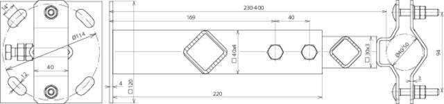 Rysunek techniczny elementu mechanicznego z precyzyjnymi wymiarami i perspektywami. Kwadratowe i okrągłe kształty, kluczowe elementy są oznaczone.