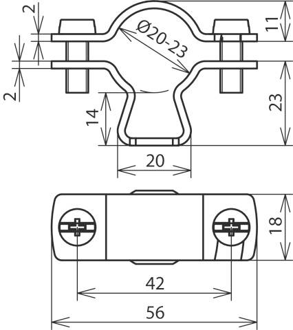 'Rysunek techniczny obejmy rurowej z wymiarami: Ø20-23, odległość między otworami na śruby 56 mm, wysokość obejmy 23 mm.'