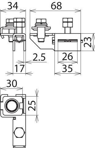 Rysunek techniczny części mechanicznej z wymiarami: wysokość 23 mm, szerokość 68 mm, głębokość 35 mm. Zaznaczone pozycje śrub i punkty mocowania.