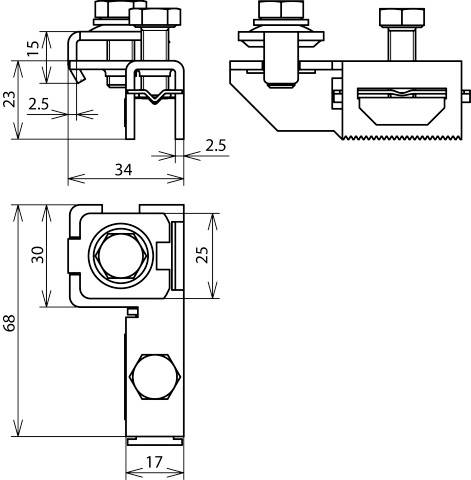 Rysunek techniczny uchwytu mechanicznego z wymiarami: szerokość 34 mm, wysokość 68 mm, głębokość 25 mm. Przedstawia śruby i elementy mocujące.