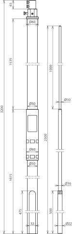 Rysunek techniczny szybu z wymiarami w milimetrach. Wysokość całkowita: 3200 mm. Różne średnice: 50 mm, 60 mm, 80 mm.