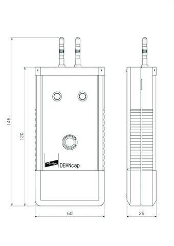 Rysunek urządzenia DEHNcap z widokiem z przodu i z boku. Zawiera wymiary: 146 mm wysokości, 60 mm szerokości, 25 mm głębokości.