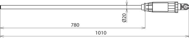 Rysunek techniczny obiektu cylindrycznego o następujących wymiarach: całkowita długość 1010 mm, odcinek częściowy 780 mm, średnica 20 mm.