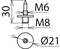 Rysunek techniczny sworznia z oznaczeniami: 'Ø21', 'M6', 'M8' oraz wysokość '30'. Przedstawia widok z boku i z góry sworznia.