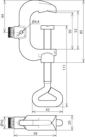 Rysunek techniczny ścisku śrubowego C z wymiarami: wysokość 85 mm, szerokość 44 mm, rozpiętość 111 mm. Przedstawia również szczegóły śrub i gwintów.