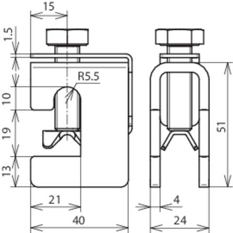 Rysunek techniczny elementu metalowego w kształcie litery U z wymiarami: szerokość 40 mm, wysokość 51 mm, pozostałe wymiary: 21 mm, 24 mm, 19 mm, 13 mm.