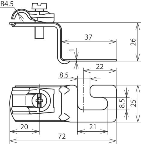 'Rysunek techniczny metalowego klipsa w kształcie litery L z wymiarami: 37 mm długości, 26 mm wysokości, 72 mm głębokości, z mocowaniem śrubowym na górze.'