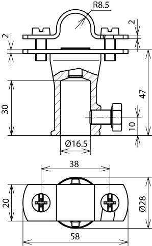 Rysunek techniczny uchwytu obejmy rurowej z podanymi wymiarami: wysokość całkowita 47 mm, szerokość 58 mm, średnica rury 16,5 mm.