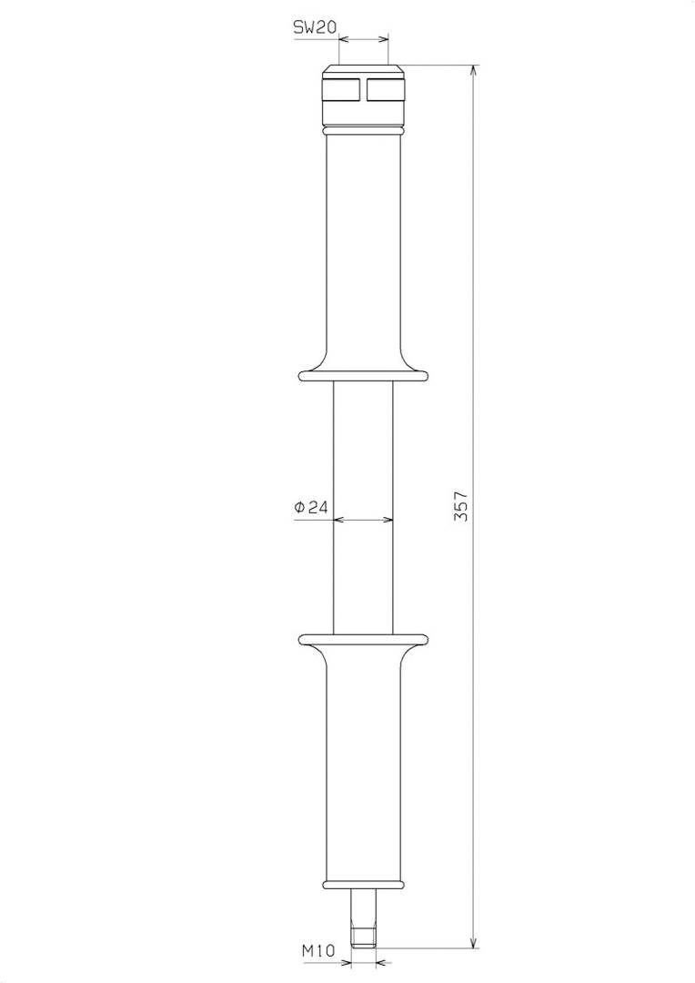 Rysunek techniczny śruby z wymiarami. Długość: 357 mm, średnica: 24 mm, gwint M10 u dołu, szerokość klucza SW20 u góry.