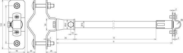 Rysunek techniczny wspornika metalowego z wymiarami w milimetrach. Prezentuje różne perspektywy i dokładne widoki szczegółowe.