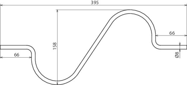 Rysunek techniczny linii falistej z wymiarami: szerokość całkowita 395 mm, różnica wysokości 158 mm, średnica 8 mm.