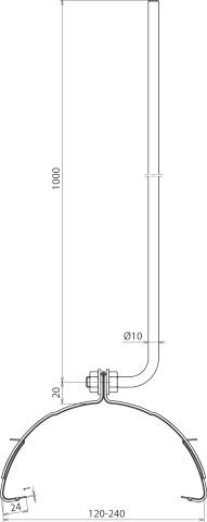 Rysunek techniczny uchwytu z podanymi wymiarami: wysokość 1000 mm, szerokość możliwa do regulacji w zakresie 120-240 mm, średnica 10 mm.