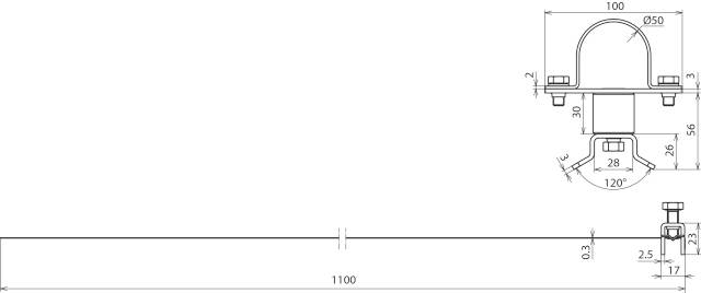Rysunek techniczny wspornika rurowego z wymiarami: szerokość 1100 mm, wysokość 50 mm. Śruby i kąty są przedstawione szczegółowo.