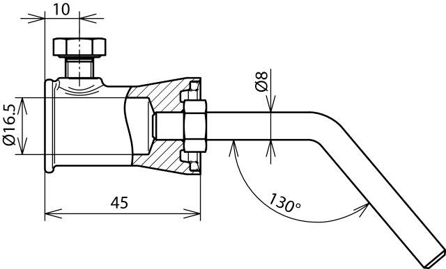 Rysunek techniczny zaworu z wymiarami: długość 45 mm, średnica 16,5 mm i 8 mm, kąt przewodu 130 stopni.