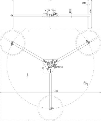 Rysunek techniczny trójnożnego statywu z wymiarami oraz szczegółami dotyczącymi śrub i odległości. Widok z góry na górze, widok z boku na dole.