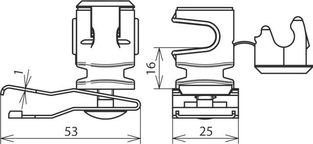 Rysunek techniczny spinacza: wymiary wynoszą 53 mm długości, 25 mm szerokości, 16 mm wysokości. Szczegóły rozwiązania mocującego.