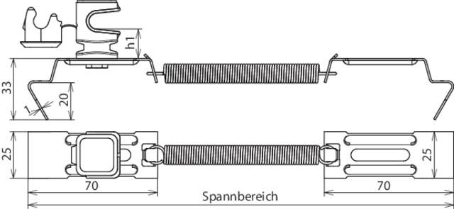 Rysunek techniczny metalowego zacisku sprężynowego z wymiarami: 33 mm wysokości, 20 mm długości sprężyny, 25 mm szerokości, zakres rozpiętości 70 mm.