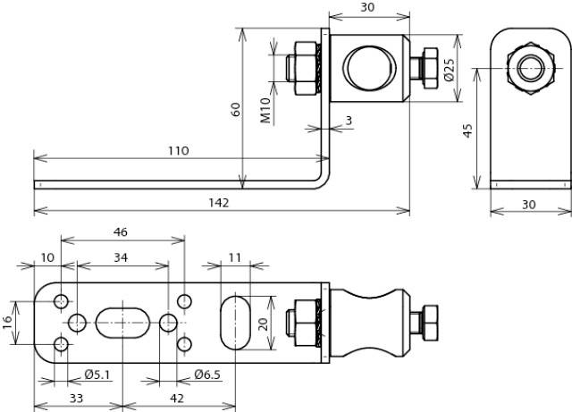 Rysunek techniczny wspornika metalowego z wymiarami w milimetrach. Góra: widok z góry ze szczegółami, dół: widok z boku. Zawiera różne otwory montażowe i rozmiary śrub.