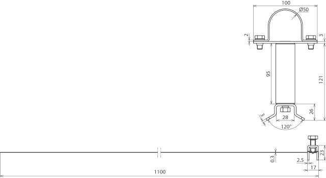 Rysunek techniczny wspornika z wymiarami. Widok z boku przedstawiający główne komponenty i punkty połączeń. Wymiary w milimetrach.