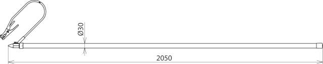 Rysunek techniczny cienkiego pręta z hakiem na końcu; długość 2050 mm, średnica 30 mm.