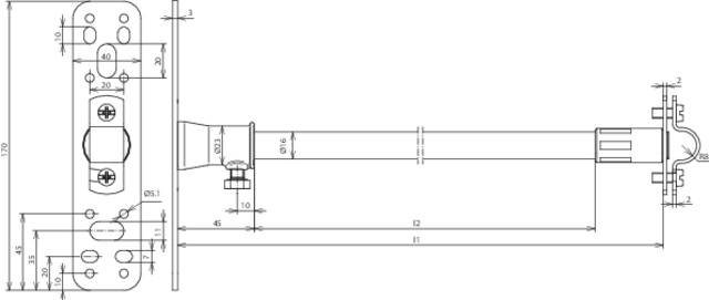 Rysunek techniczny metalowego okucia z wymiarami w milimetrach. Przedstawia ramię teleskopowe z mocowaniami i połączeniami śrubowymi.