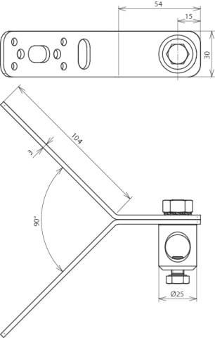 Rysunek techniczny kątownika metalowego z dokładnymi wymiarami: długość 104 mm, szerokość 54 mm, kąt 90 stopni, różne otwory montażowe.
