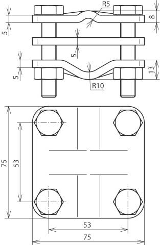 Rysunek techniczny połączenia metalowego z wymiarami: płyta 75x53 mm, grubość 5 mm. Śruby i krzywe oznaczone promieniami R5 i R10.