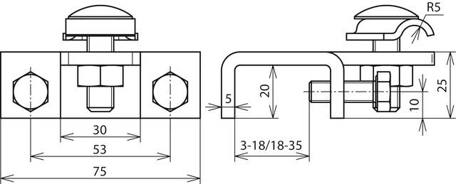 Rysunek techniczny zacisku metalowego z wymiarami w milimetrach. Przedstawia widok z boku i widok czołowy z pozycjami śrub i kątami zgięć.