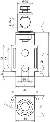 Rysunek techniczny złącza rurowego z wymiarami: wysokość 70 mm, szerokość 30 mm, średnica 25 mm. Przedstawia widok z góry i widok z boku.