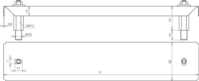Rysunek techniczny elementu z wymiarami: śruby M10, klucz 13, całkowita długość 60 mm, otwór o średnicy 11 mm, wysokość 37 mm.