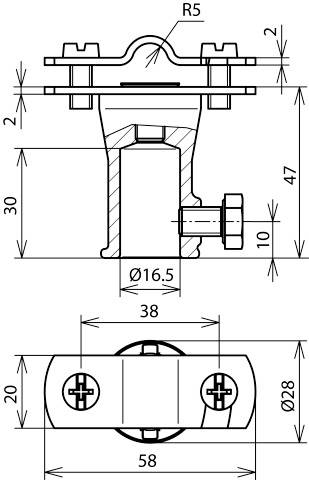 Rysunek techniczny obejmy rurowej z wymiarami. Na górze widok z boku z podanymi wysokościami, na dole widok z góry z podanymi szerokościami.