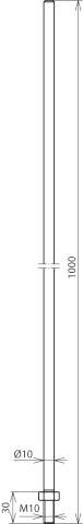 Rysunek techniczny pręta metalowego o długości 1000 mm i średnicy 10 mm, gwint M10 na jednym końcu.