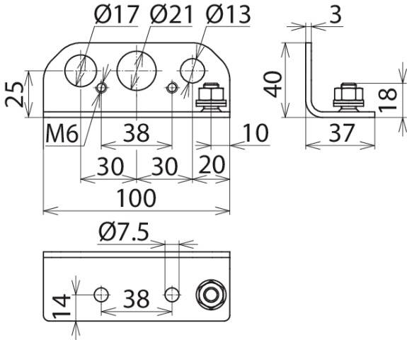 Rysunek techniczny kątownika metalowego z wymiarami w milimetrach: wysokość 25, szerokość 100, otwory Ø17, Ø21, Ø13 oraz śruba M6.