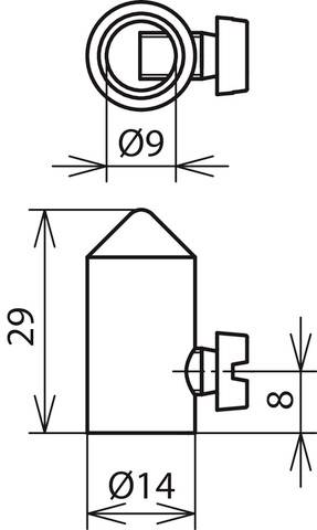 Rysunek techniczny walcowego elementu metalowego z wymiarami: średnica 14 mm, wysokość 29 mm, widok z boku przedstawia śrubę.