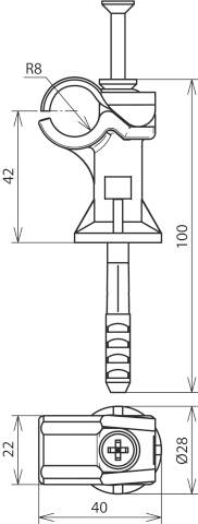 Rysunek techniczny uchwytu ze śrubą i kołkiem. Wymiary: 100 mm wysokości, 42 mm szerokości. Przedstawiono widok z boku i widok z góry.