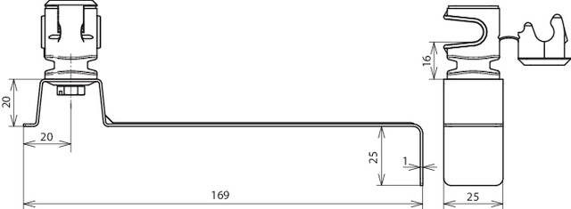 Strukturowany rysunek techniczny zacisku mocującego z wymiarowaniem. Przedstawia długość, szerokość oraz widok szczegółowy zacisku.