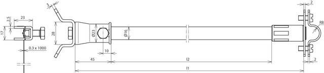 Rysunek techniczny wspornika z szczegółowymi wymiarami w milimetrach. Zaznaczono kilka pomiarów i szczegółów technicznych.