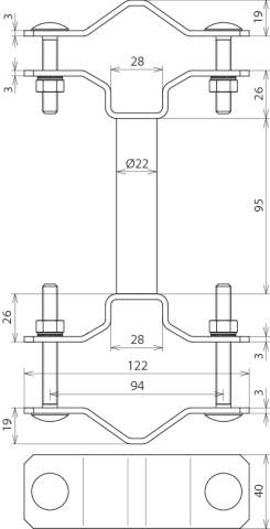 Rysunek techniczny połączenia metalowego z wymiarami: długość 122 mm, szerokość 40 mm, wysokość 95 mm, ze szczegółami produkcyjnymi.