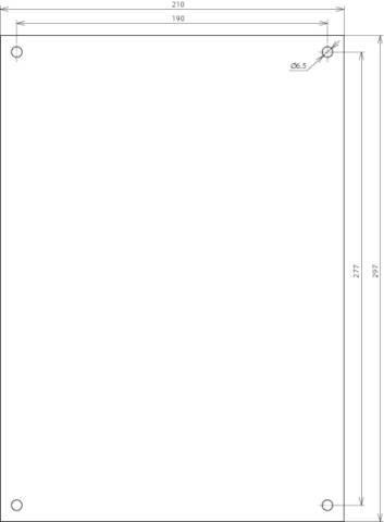 Rysunek techniczny prostokątnej blachy z otworami w narożnikach; wymiary 210 x 297 mm, średnica otworów 6,5 mm.