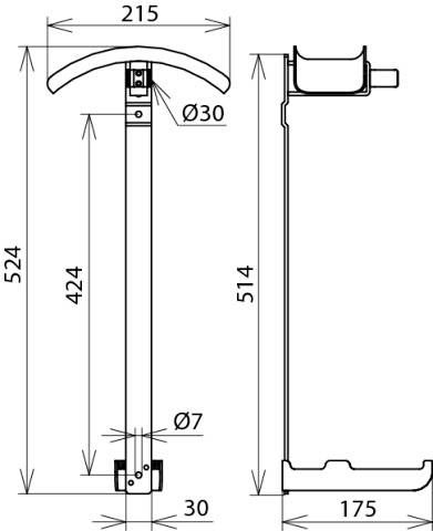 Rysunek techniczny drewnianej rączki eliptycznej wraz z jej mocowaniem, przedstawiający szczegółowe wymiary w milimetrach.